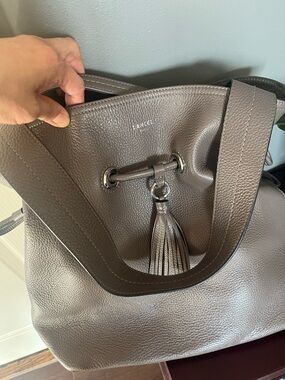 Lancel Taupe Pebbled Leather Drawstring Shoulder Bag